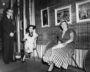 Black and white photo of DAVENPORT, Arthur. Brian and Marjorie Johnstone with Margaret Olley at The Johnstone Gallery in the basement of the Brisbane Arcade.