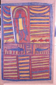 Lumbar crayon on brown butcher paper, 74 x 115 cm, drawn, like a bark painting, in order to illustrate an element of information being told to the Collector.